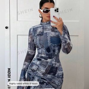 Denim Patterned Midi Dress